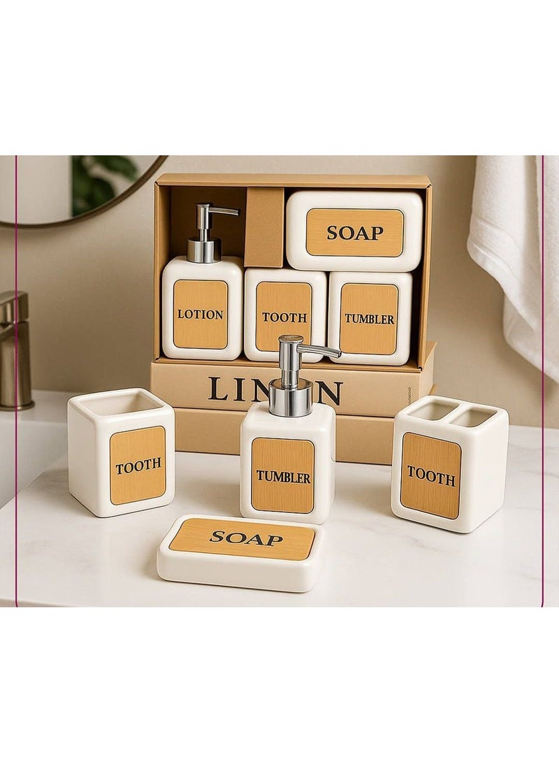 🚿 Bamboo porcelain bathroom set, soap dish🧼, toothbrush cup🧹 and toothpaste🕳️, dispenser🧴, porcelain bathroom set, toothbrush holder, soap dish, toothpaste cup and soap dispenser - Image 2