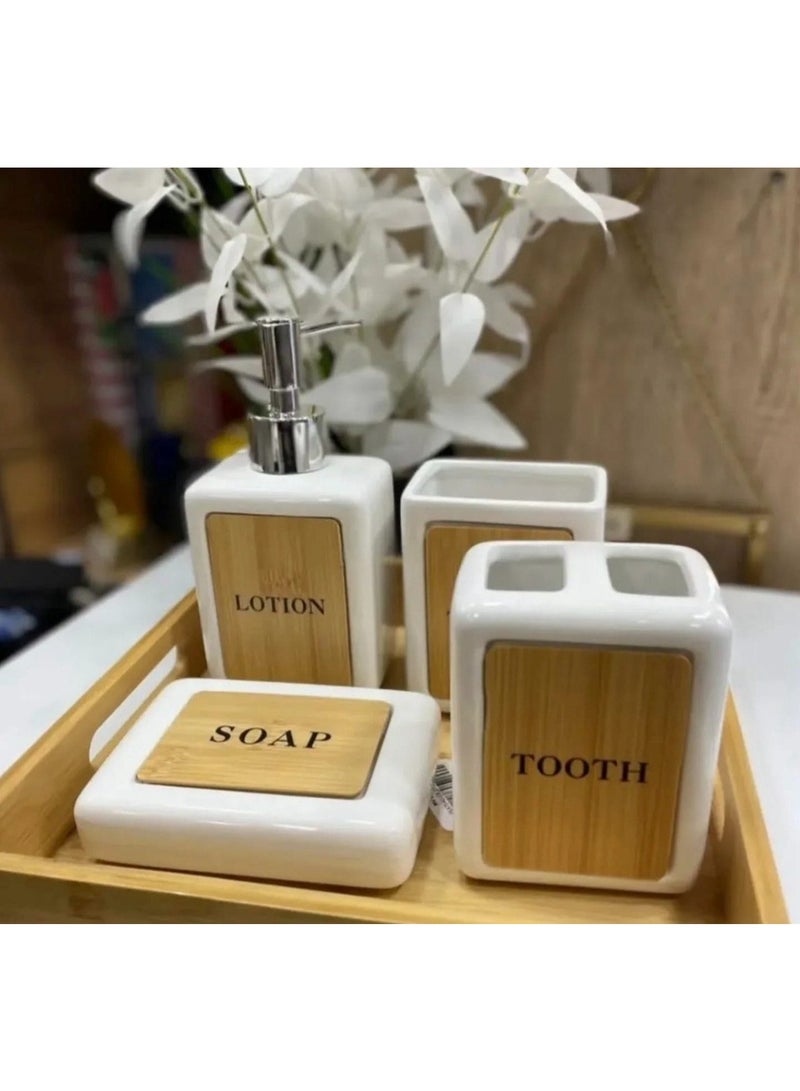 🚿 Bamboo porcelain bathroom set, soap dish🧼, toothbrush cup🧹 and toothpaste🕳️, dispenser🧴, porcelain bathroom set, toothbrush holder, soap dish, toothpaste cup and soap dispenser - Image 3