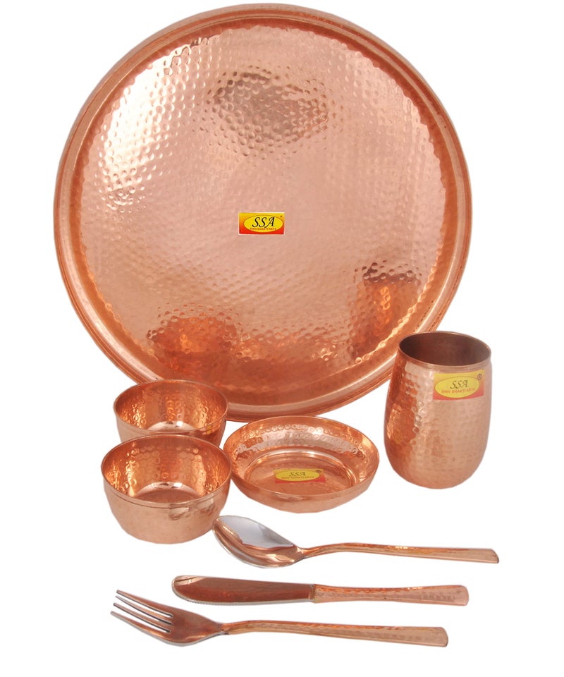 Shiv Shakti Arts® 100% Pure Copper Thali Set Hammered Designer - 8 Pcs Dinner Set, Thali Set, 13-Inch - for Dinnerware, Tableware & Serving Items. - Image 3