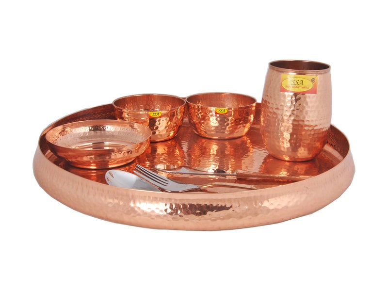 Shiv Shakti Arts® 100% Pure Copper Thali Set Hammered Designer - 8 Pcs Dinner Set, Thali Set, 13-Inch - for Dinnerware, Tableware & Serving Items. - Image 1