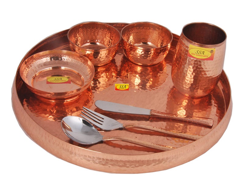 Shiv Shakti Arts® 100% Pure Copper Thali Set Hammered Designer - 8 Pcs Dinner Set, Thali Set, 13-Inch - for Dinnerware, Tableware & Serving Items. - Image 2