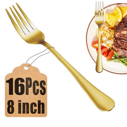 MUTNITT 16 Piece Gold Dinner Forks Set, Food-Grade Stainless Steel Silverware Forks, Cutlery Fork, Metal Fork for Home, Kitchen or Restaurant, Mirror Polished, Dishwasher Safe - 8 Inch - Image 1
