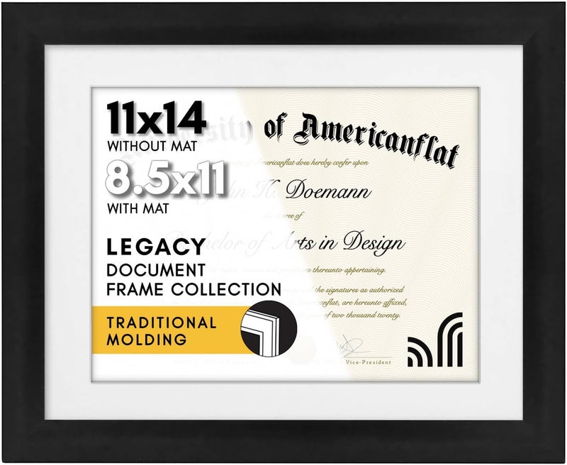 Americanflat 11x14 Diploma Frame with Shatter-Resistant Glass - Use as 8.5x11 Frame with Mat or Display 11x14 Documents Without Mat - Legacy Collection - Certificate Frames for Wall Display - Black - Image 1