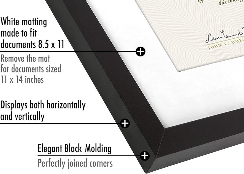 Americanflat 11x14 Diploma Frame with Shatter-Resistant Glass - Use as 8.5x11 Frame with Mat or Display 11x14 Documents Without Mat - Legacy Collection - Certificate Frames for Wall Display - Black - Image 3