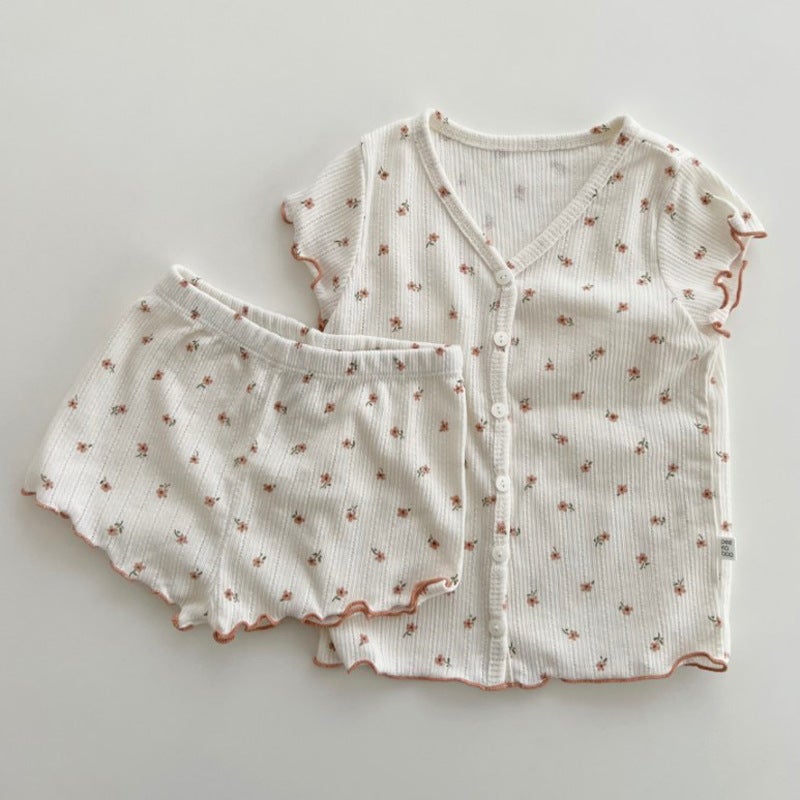 Korean INS Soft Floral Ruffle Kids Pajama Set Orange 
