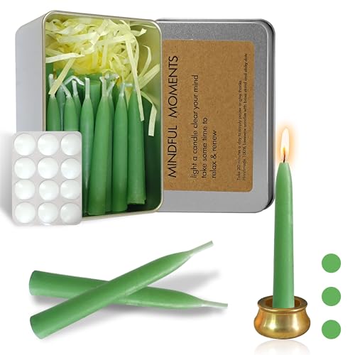 Gedengni Mini Taper Candle Meditation Candles,20 Minute Prayer Green Candlestick Dripless Beeswax Candles with Brass Candle Holder for Yoga & Spiritual Ritual,30P-Gr - Image 1