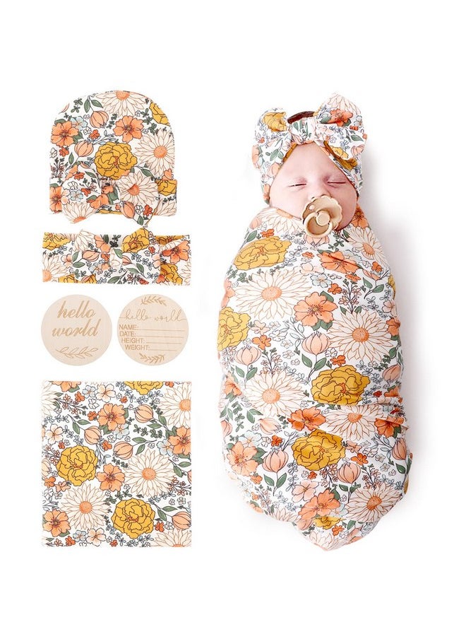 DRESHOW DRESHOW BQUBO Baby Girl Newborn Floral Receiving Blankets with Bow Hat Headband Wooden Birth Announcement Card Set Newborn Baby Swaddling Hats Sleepsack Toddler Warm Shower Gift  - Image 1
