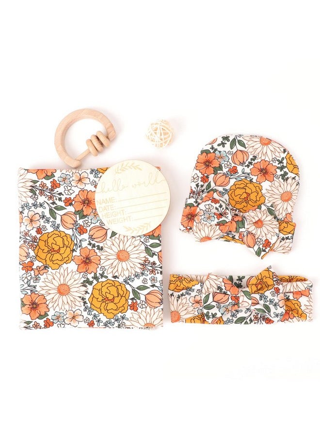 DRESHOW DRESHOW BQUBO Baby Girl Newborn Floral Receiving Blankets with Bow Hat Headband Wooden Birth Announcement Card Set Newborn Baby Swaddling Hats Sleepsack Toddler Warm Shower Gift  - Image 2