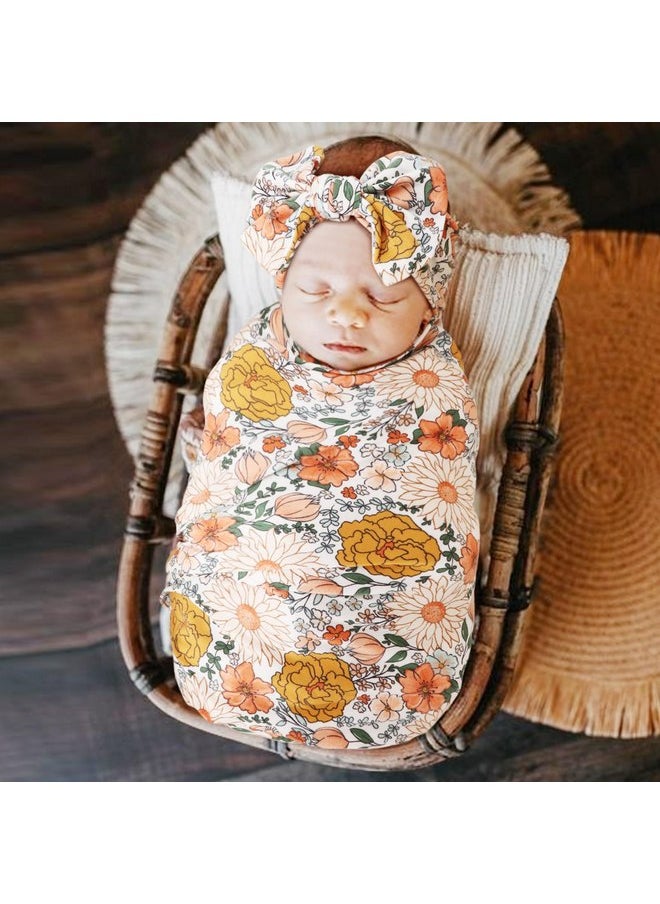 DRESHOW DRESHOW BQUBO Baby Girl Newborn Floral Receiving Blankets with Bow Hat Headband Wooden Birth Announcement Card Set Newborn Baby Swaddling Hats Sleepsack Toddler Warm Shower Gift  - Image 3