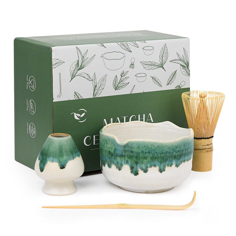 Pottery Matcha Set  Japanese Handcrafted Matcha Tea Bowl Mineral Glaze Bowl with Spout Bamboo Whisk Scoop  Chasen Holder  4pc Tea Ceremony Kit for Matcha Lovers Snowy Jade