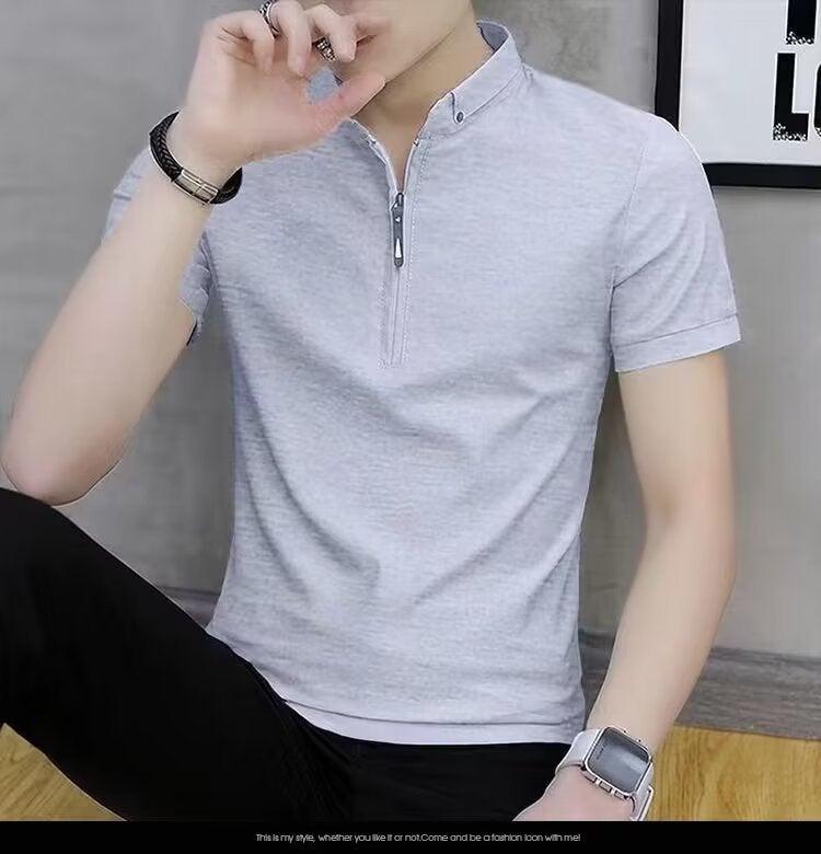 2024 Summer Men'S Short-Sleeved T-Shirt Half-Zipper Collar Fashion Thin Loosen Casual Youth Popular Short-Sleeved - Image 1