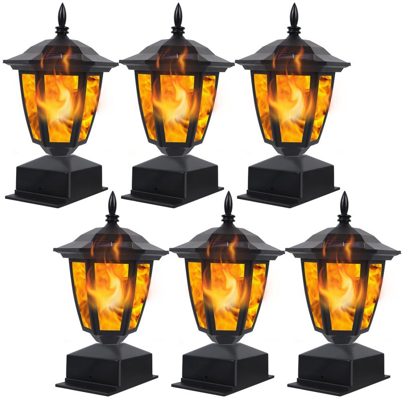 Dynaming Solar Flame Post Lights Outdoor, Solar Powered Lamps Fence Post Cap Lights, Flickering Flame LED Lantern Decorative Waterproof for Garden Deck Patio, Fit 4x4, 5x5 or 6x6 Wooden Posts, 6 Pack - Image 1