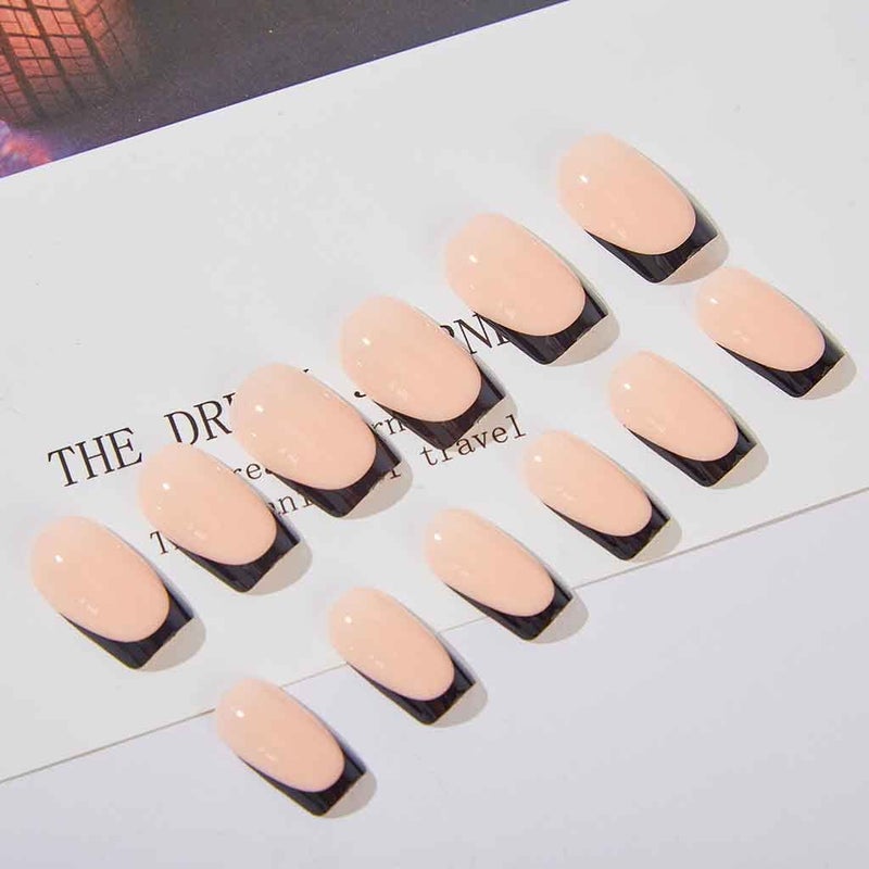 RikView French Tip Press on Nails Medium Fake Nails Black Stick on Nails Square Nude Nails for Women - Image 2