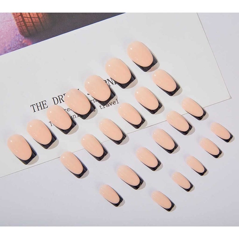 RikView French Tip Press on Nails Medium Fake Nails Black Stick on Nails Square Nude Nails for Women - Image 3