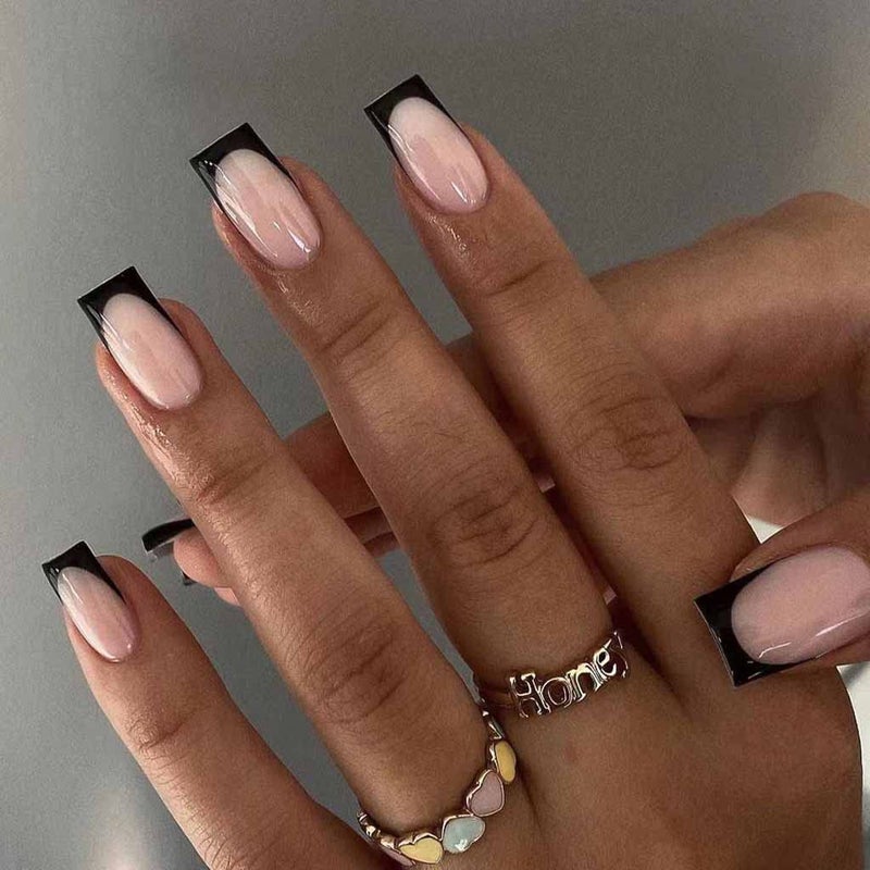 RikView French Tip Press on Nails Medium Fake Nails Black Stick on Nails Square Nude Nails for Women - Image 1