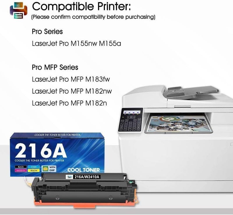 كول تونر مجموعة حبر 216A مع شريحة متوافقة مع HP 216A Color Laserjet Pro MFP M183fw M182n M182nw M155nw M155a M183 M182 M155 W2410A W2411A W2412A W2413A أسود سماوي أصفر أرجواني عبوة 4 - Image 2