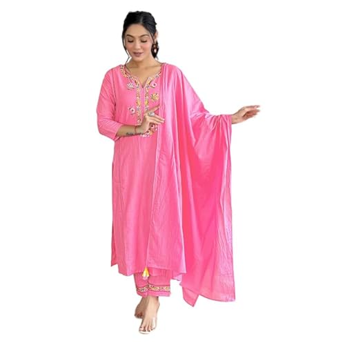 Naixa Women's Viscose Cotton Embroidered Straight Kurta with Pant and Dupatta Sets (NX-591-Pink-M) - Image 1