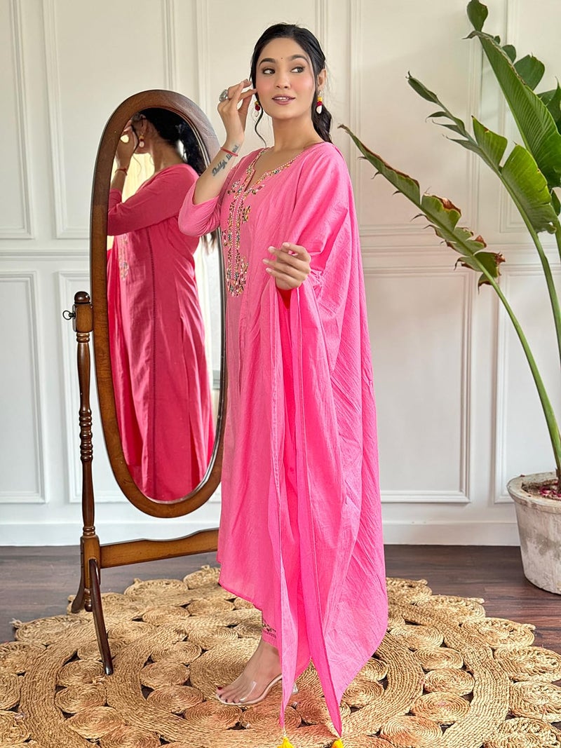 Naixa Women's Viscose Cotton Embroidered Straight Kurta with Pant and Dupatta Sets (NX-591-Pink-M) - Image 4