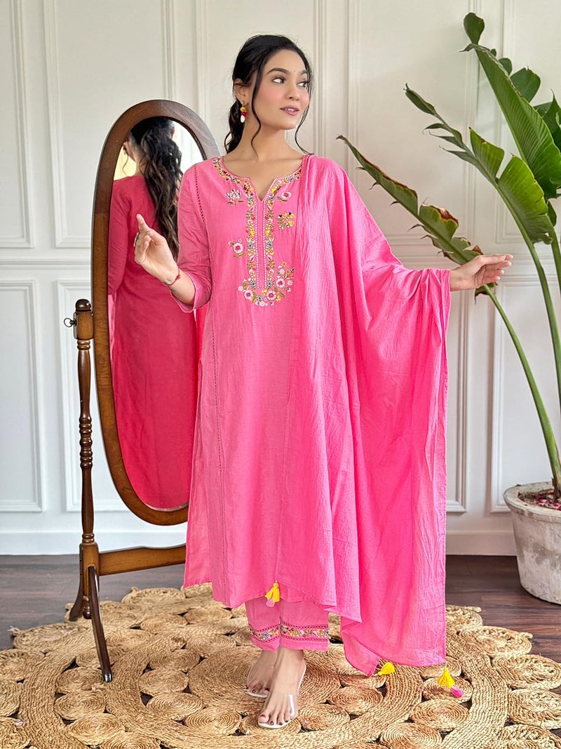 Naixa Women's Viscose Cotton Embroidered Straight Kurta with Pant and Dupatta Sets (NX-591-Pink-M) - Image 2