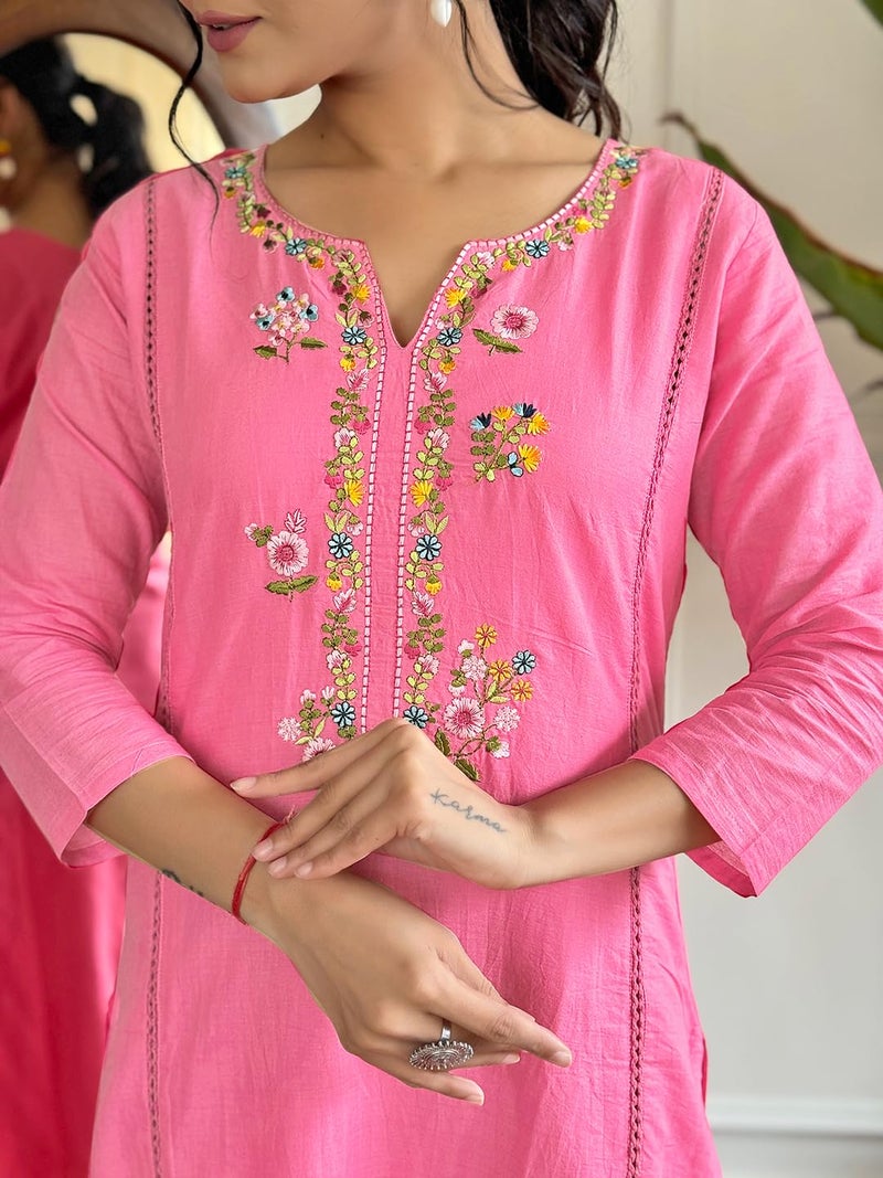 Naixa Women's Viscose Cotton Embroidered Straight Kurta with Pant and Dupatta Sets (NX-591-Pink-M) - Image 5