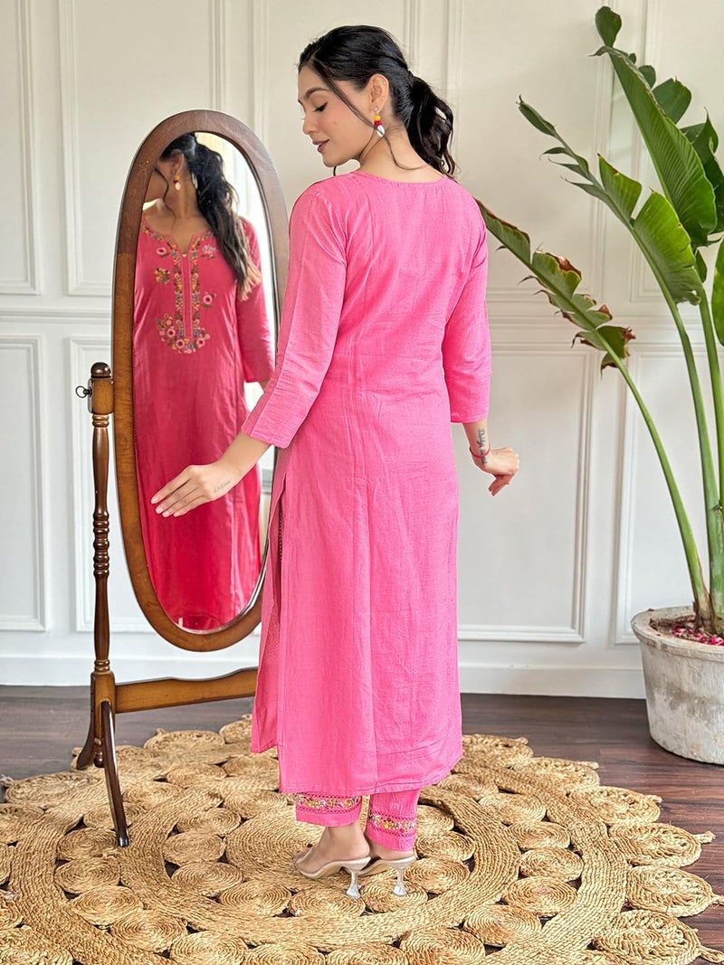 Naixa Women's Viscose Cotton Embroidered Straight Kurta with Pant and Dupatta Sets (NX-591-Pink-M) - Image 3