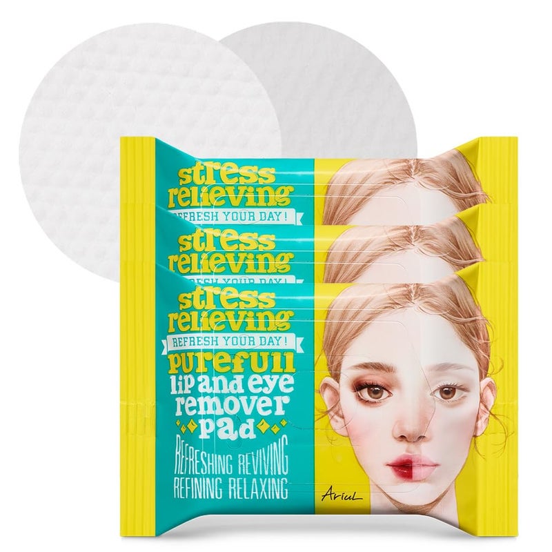 Ariul Stress Relieving Purefull Lip & Eye Remover Pads â€“ Gently Removes Stubborn Makeup, Hydrating & Soothing Formula, Korean Skin Care with Natural Ingredients, 30 Counts x 3 Packs - Image 1