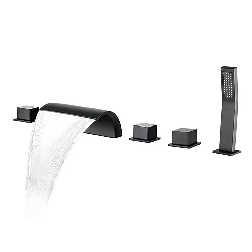 DEOLER Roman Bathtub Faucet Set with Sprayer 5 Hole Waterfall Bathroom Tub Faucet Set Widespread Tub Filler Faucet Deck Mounted Bathtub Faucet Set with Valves Matte Black - Image 1