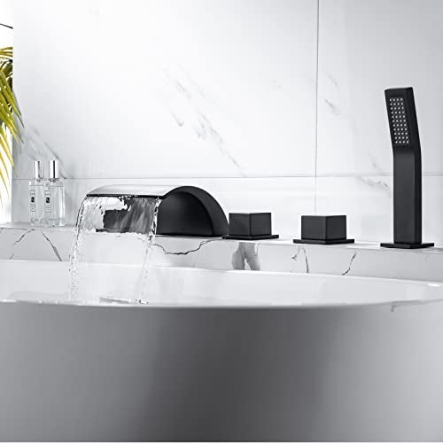 DEOLER Roman Bathtub Faucet Set with Sprayer 5 Hole Waterfall Bathroom Tub Faucet Set Widespread Tub Filler Faucet Deck Mounted Bathtub Faucet Set with Valves Matte Black - Image 3