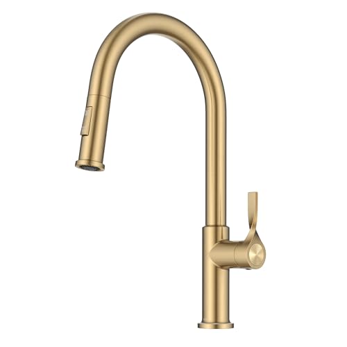KRAUS Torak Pull Down Kitchen Faucet in SpotFree Brushed Brass with 2 Function Sprayer PreAttached Water Lines and Mounting Hardware KPF2840SFBB - Image 1