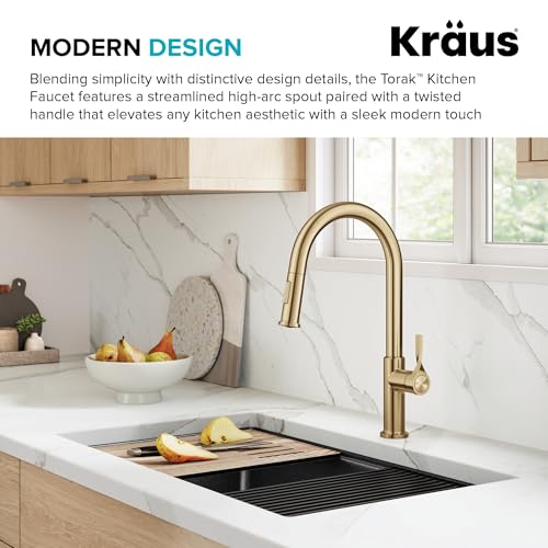 KRAUS Torak Pull Down Kitchen Faucet in SpotFree Brushed Brass with 2 Function Sprayer PreAttached Water Lines and Mounting Hardware KPF2840SFBB - Image 3