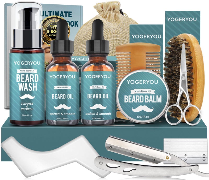 YogerYou Beard Kit,Beard Grooming Kit for Men W/Straight Razor,2 PACK Beard Oil, Wash, Balm, Brush, Comb, Scissors Mens Birthday Christmas Gifts for Men Boyfriend Husband Beard Trimming Shaving Kit - Image 1