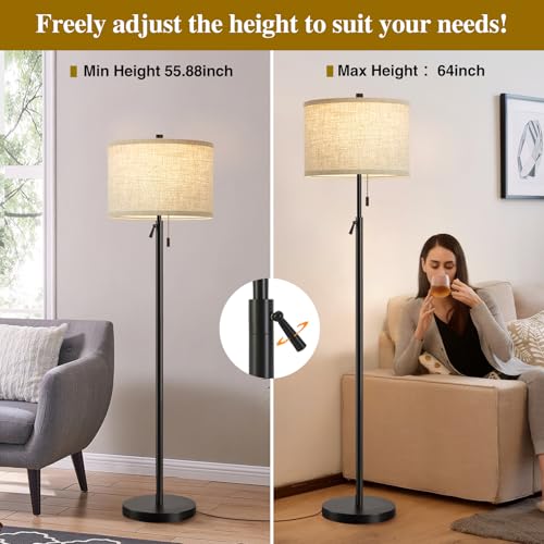 GyroVu Black Floor Lamp, Height Adjustable Standing Lamp Tall Lamp with Fabric Lampshade&Pull Chain Corner Floor Lamps for Living Room, Bedroom & Office Bulbs Not Included(Black Base) - Image 2
