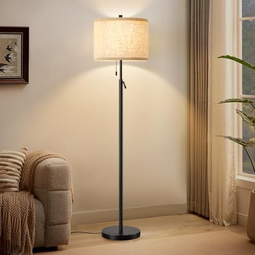 GyroVu Black Floor Lamp, Height Adjustable Standing Lamp Tall Lamp with Fabric Lampshade&Pull Chain Corner Floor Lamps for Living Room, Bedroom & Office Bulbs Not Included(Black Base) - Image 1