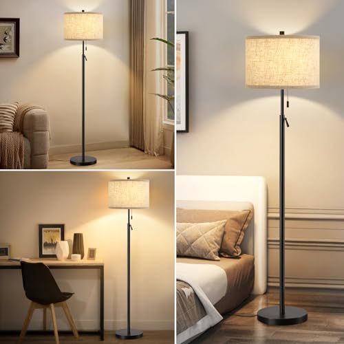 GyroVu Black Floor Lamp, Height Adjustable Standing Lamp Tall Lamp with Fabric Lampshade&Pull Chain Corner Floor Lamps for Living Room, Bedroom & Office Bulbs Not Included(Black Base) - Image 4