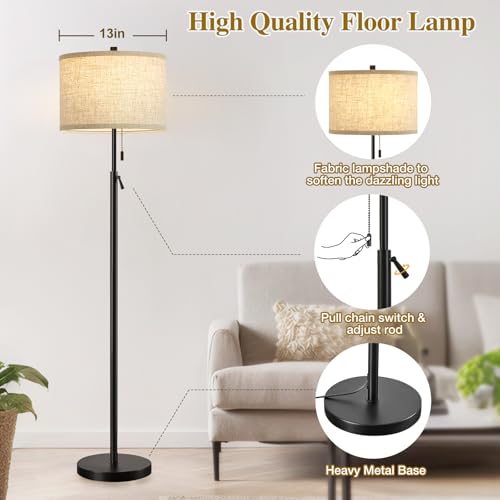GyroVu Black Floor Lamp, Height Adjustable Standing Lamp Tall Lamp with Fabric Lampshade&Pull Chain Corner Floor Lamps for Living Room, Bedroom & Office Bulbs Not Included(Black Base) - Image 3