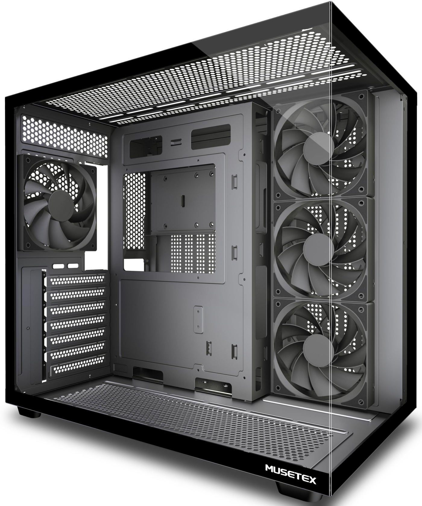 MUSETEX Y6 PC Case, Pre-Installed 4 Non-LED Fans, ATX Mid Tower Case, Computer Case with Type-C, 270° Full View Tempered Glass, Black