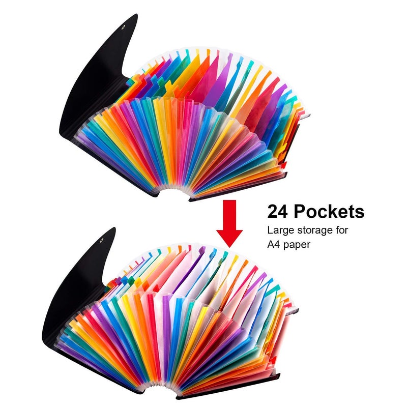 Uquelic 24 Pocket Expanding File Folder with Cover - Large Plastic Rainbow Expandable File Organizer Self Standing Accordion A4 Document Folder Wallet Briefcase Business Filing Box - Image 5