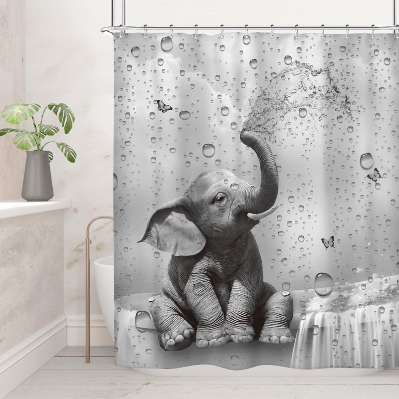 Riyidecor Funny Elephant Shower Curtain African Animal Playing Water Cute Wild Butterfly Raindrop Grey Wildlife Kids 60Wx72H Inch Hilarious Fabric Decor Bathroom Polyester Waterproof 12 Pack Hooks - Image 2