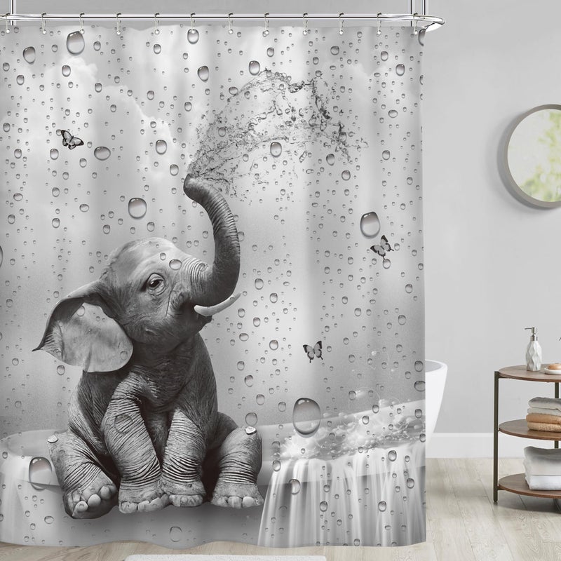 Riyidecor Funny Elephant Shower Curtain African Animal Playing Water Cute Wild Butterfly Raindrop Grey Wildlife Kids 60Wx72H Inch Hilarious Fabric Decor Bathroom Polyester Waterproof 12 Pack Hooks - Image 1