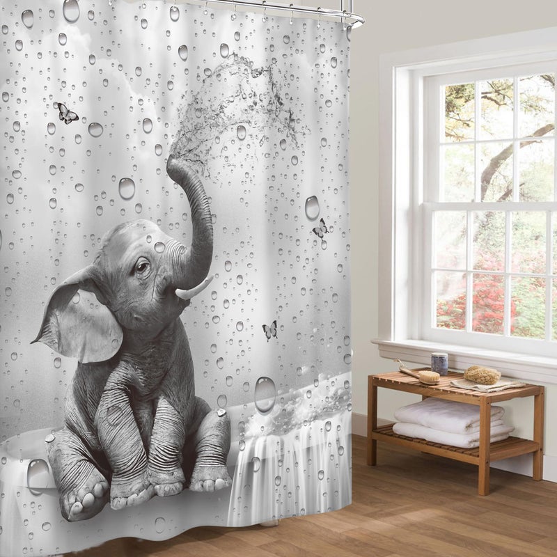 Riyidecor Funny Elephant Shower Curtain African Animal Playing Water Cute Wild Butterfly Raindrop Grey Wildlife Kids 60Wx72H Inch Hilarious Fabric Decor Bathroom Polyester Waterproof 12 Pack Hooks - Image 4