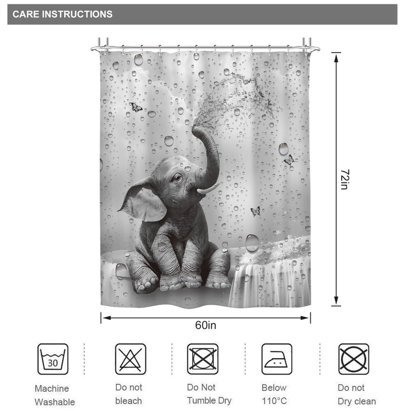 Riyidecor Funny Elephant Shower Curtain African Animal Playing Water Cute Wild Butterfly Raindrop Grey Wildlife Kids 60Wx72H Inch Hilarious Fabric Decor Bathroom Polyester Waterproof 12 Pack Hooks - Image 3