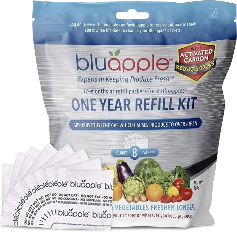 Bluapple Produce Saver Ethylene Gas Absorber 1 Year Refill Kit with Activated Carbon - 8 Packets (9 Grams Classic + 4 Grams of Carbon Each) - Keeps Fruits & Vegetables Fresher Longer, Produce Storage - Image 1