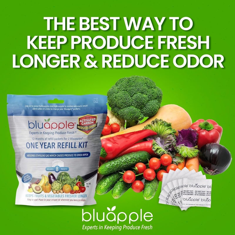 Bluapple Produce Saver Ethylene Gas Absorber 1 Year Refill Kit with Activated Carbon - 8 Packets (9 Grams Classic + 4 Grams of Carbon Each) - Keeps Fruits & Vegetables Fresher Longer, Produce Storage - Image 2