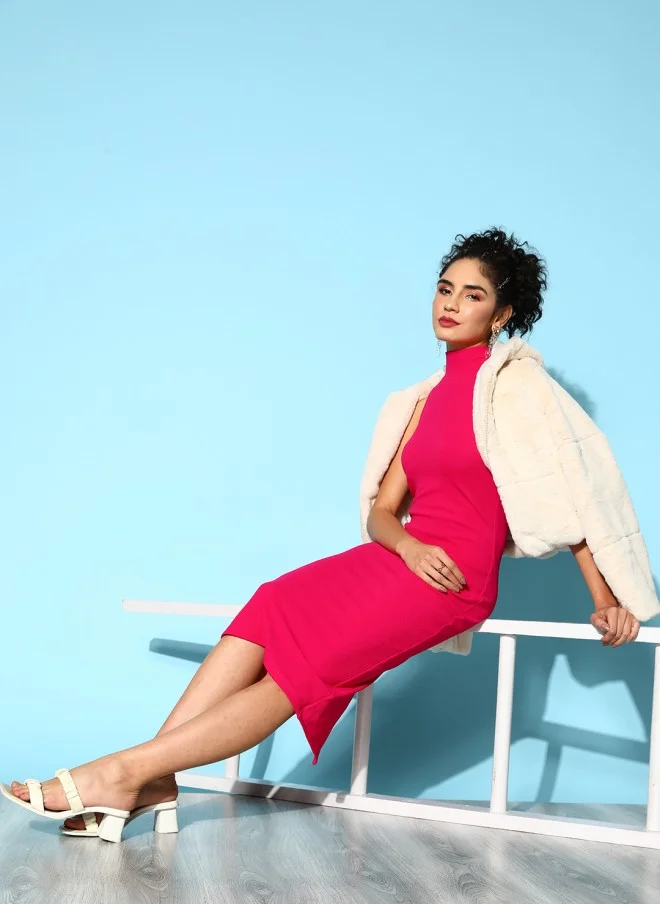 SASSAFRAS Fuchsia Bodycon Midi Dress for Women
