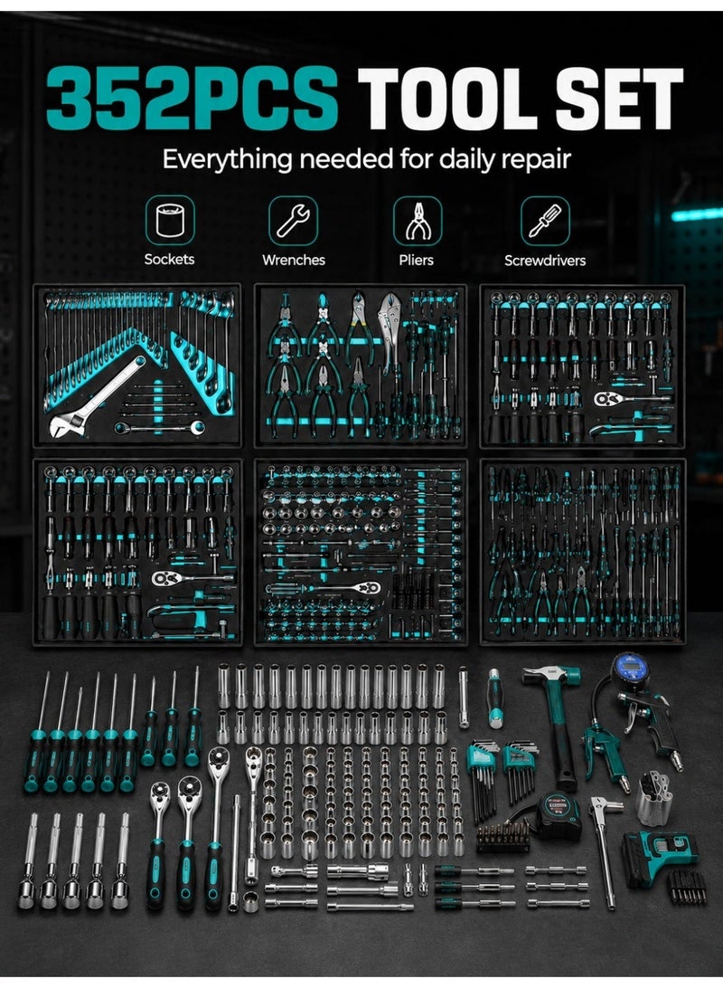 ألونغد مجموعة أدوات ميكانيكية Premium 352pcs – أدوات متعددة الاستخدام للصيانة اليدوية والسيارات للمنزل، المرآب وورشة العمل - Image 2
