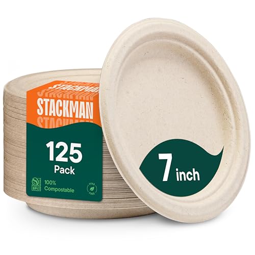 Stack Man Paper Plates, 100% Compostable Heavy Duty, Disposable 7 Inch, Small Dessert Plate - [125-Pack] - {PFAS-Free} - {BPI Certified} Eco-Friendly, Biodegradable Bagasse Natural Brown 7" Small Plates - Image 1