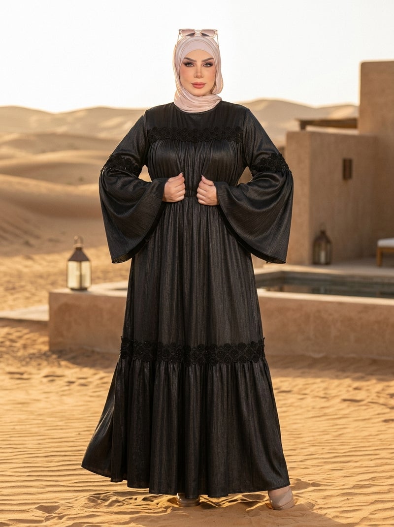 Long Islamic Dress with Wide Sleeves and Waist Embroidery Details - Black Color - Suitable for Daily & Formal Occasions - Size L-70-KG - Image 4