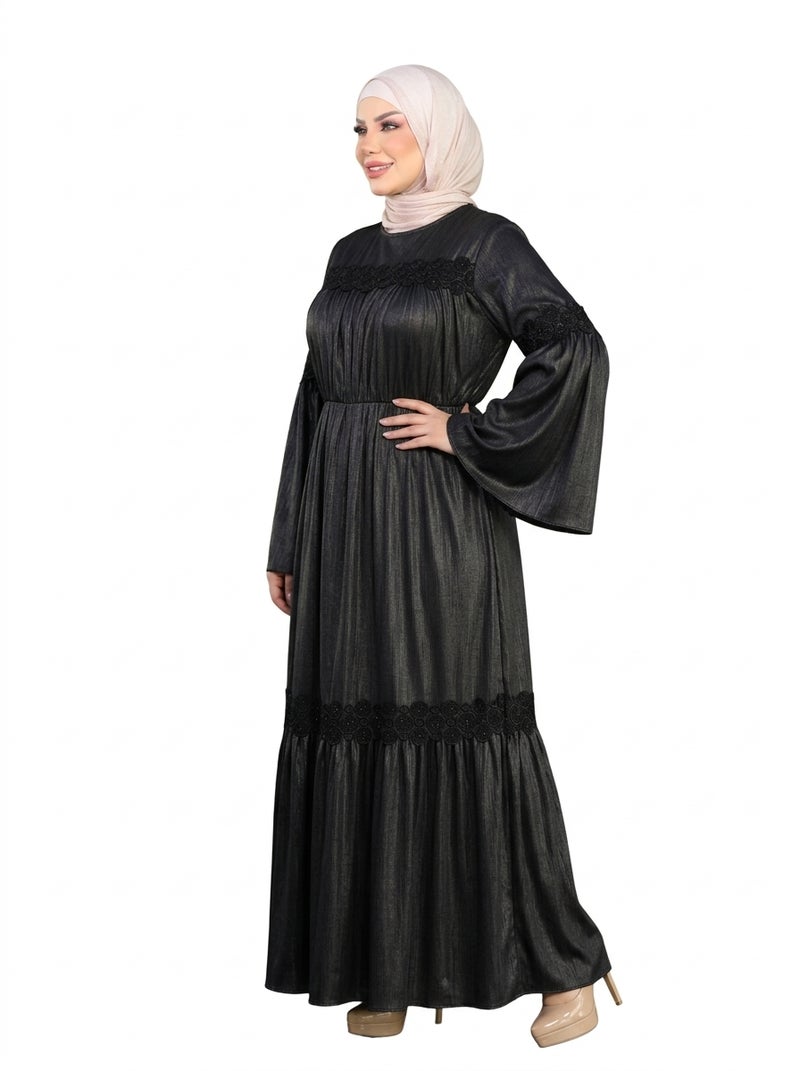 Long Islamic Dress with Wide Sleeves and Waist Embroidery Details - Black Color - Suitable for Daily & Formal Occasions - Size L-70-KG - Image 2