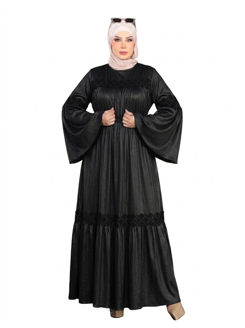 Long Islamic Dress with Wide Sleeves and Waist Embroidery Details - Black Color - Suitable for Daily & Formal Occasions - Size L-70-KG - Image 1