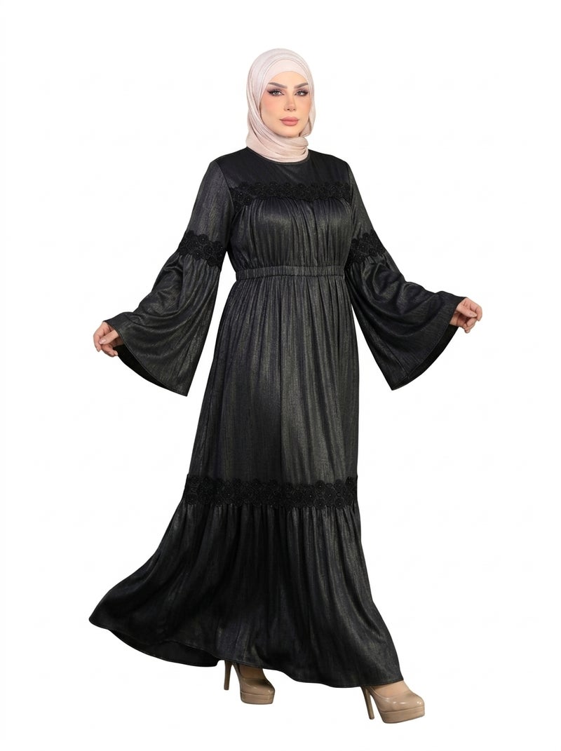Long Islamic Dress with Wide Sleeves and Waist Embroidery Details - Black Color - Suitable for Daily & Formal Occasions - Size L-70-KG - Image 3